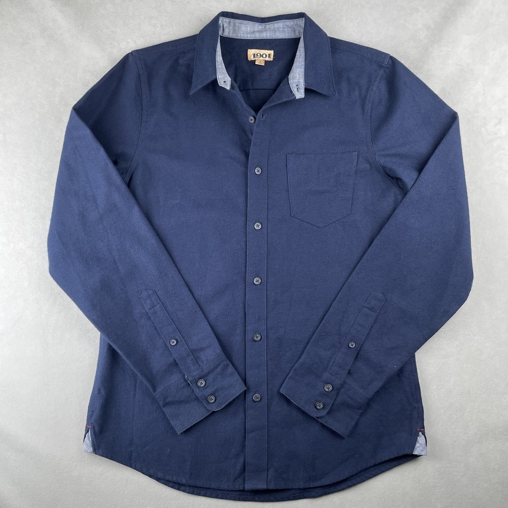 1901 Shirt Mens M Navy Button Down Heavyweight Long Sleeve Chambray Trim Preppy